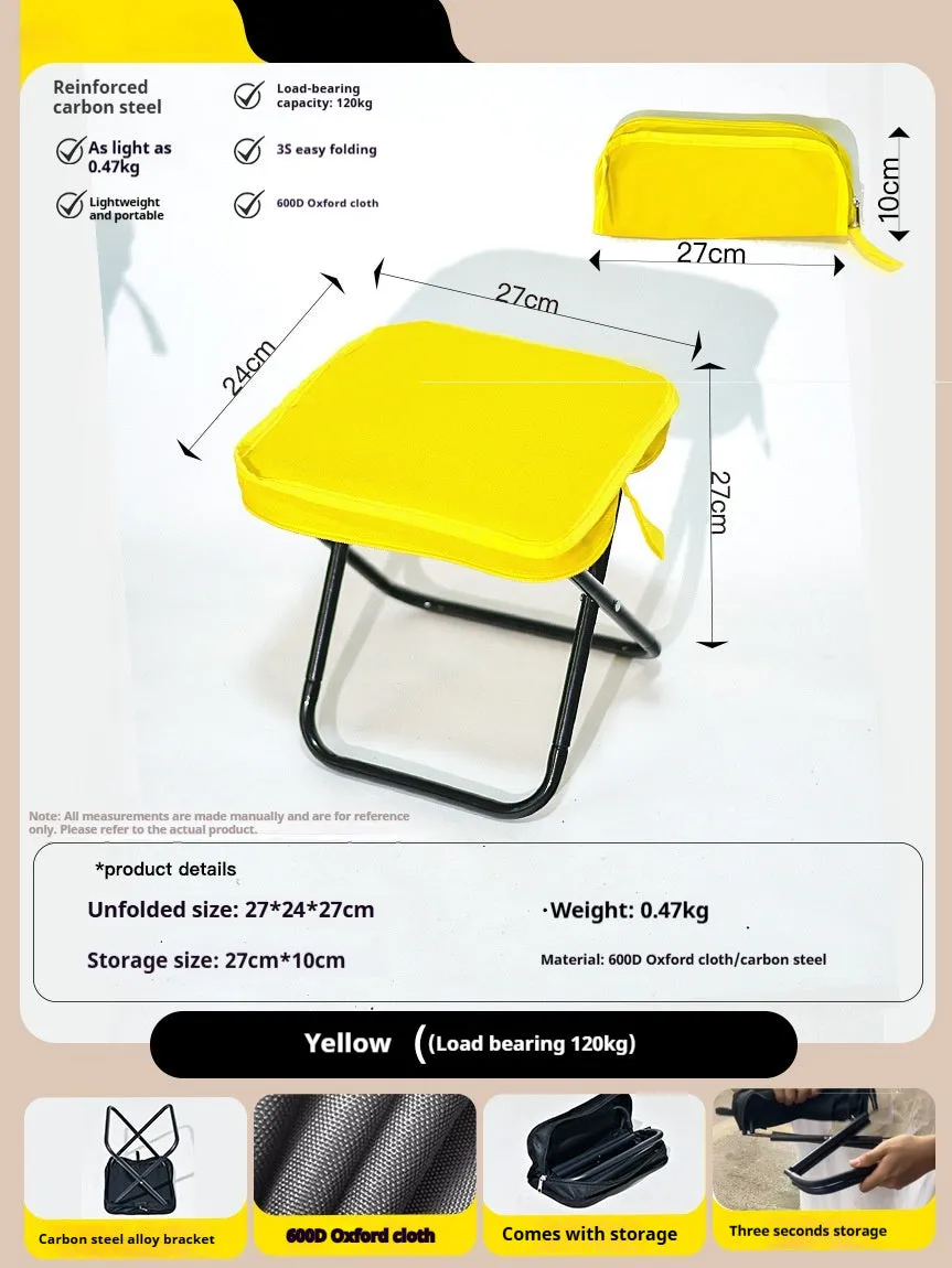 Lightweight foldable camp stool in Oxford cloth, shown folded and unfolded in khaki colour.