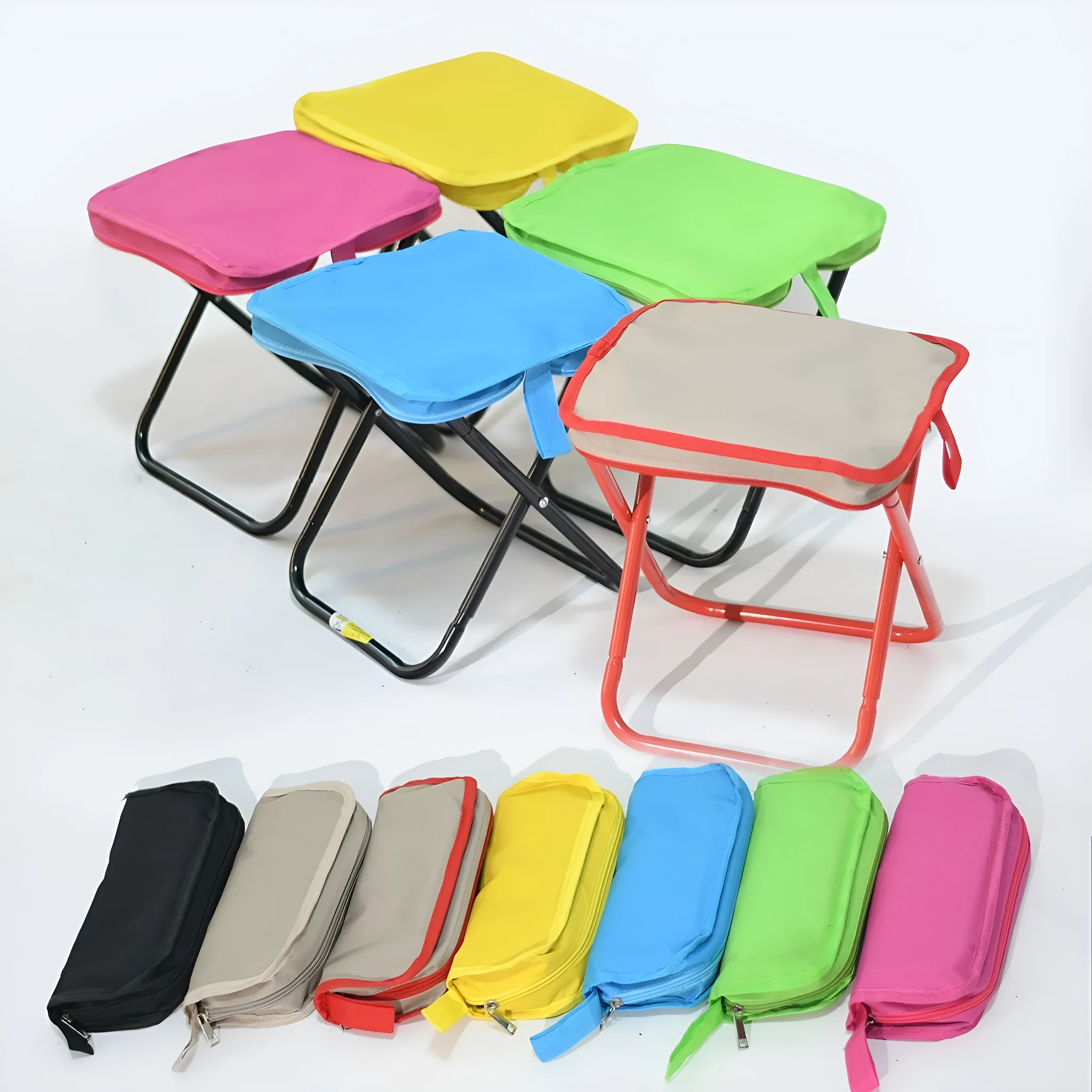 Lightweight foldable camp stool in Oxford cloth, shown folded and unfolded in khaki colour.