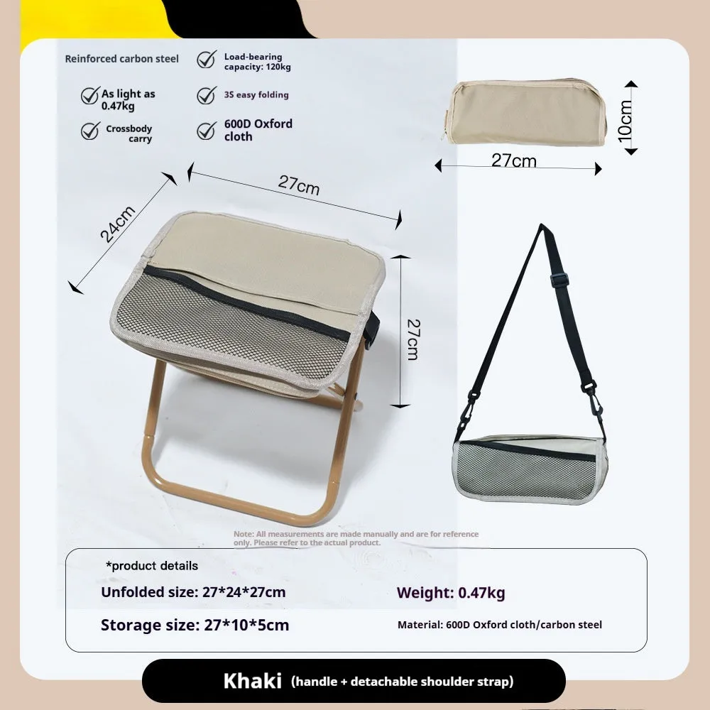 Lightweight foldable camp stool in Oxford cloth, shown folded and unfolded in khaki colour.
