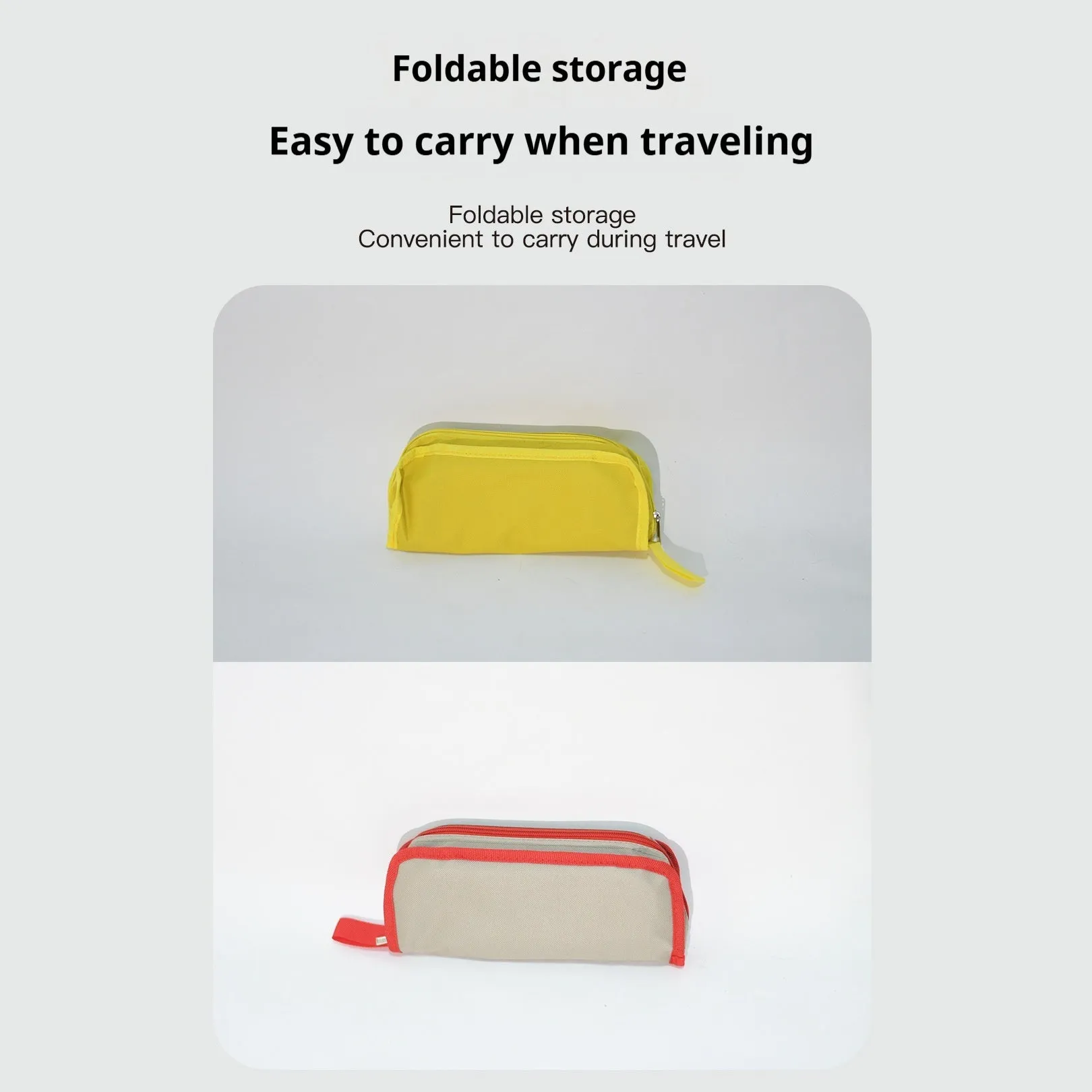 Lightweight foldable camp stool in Oxford cloth, shown folded and unfolded in khaki colour.
