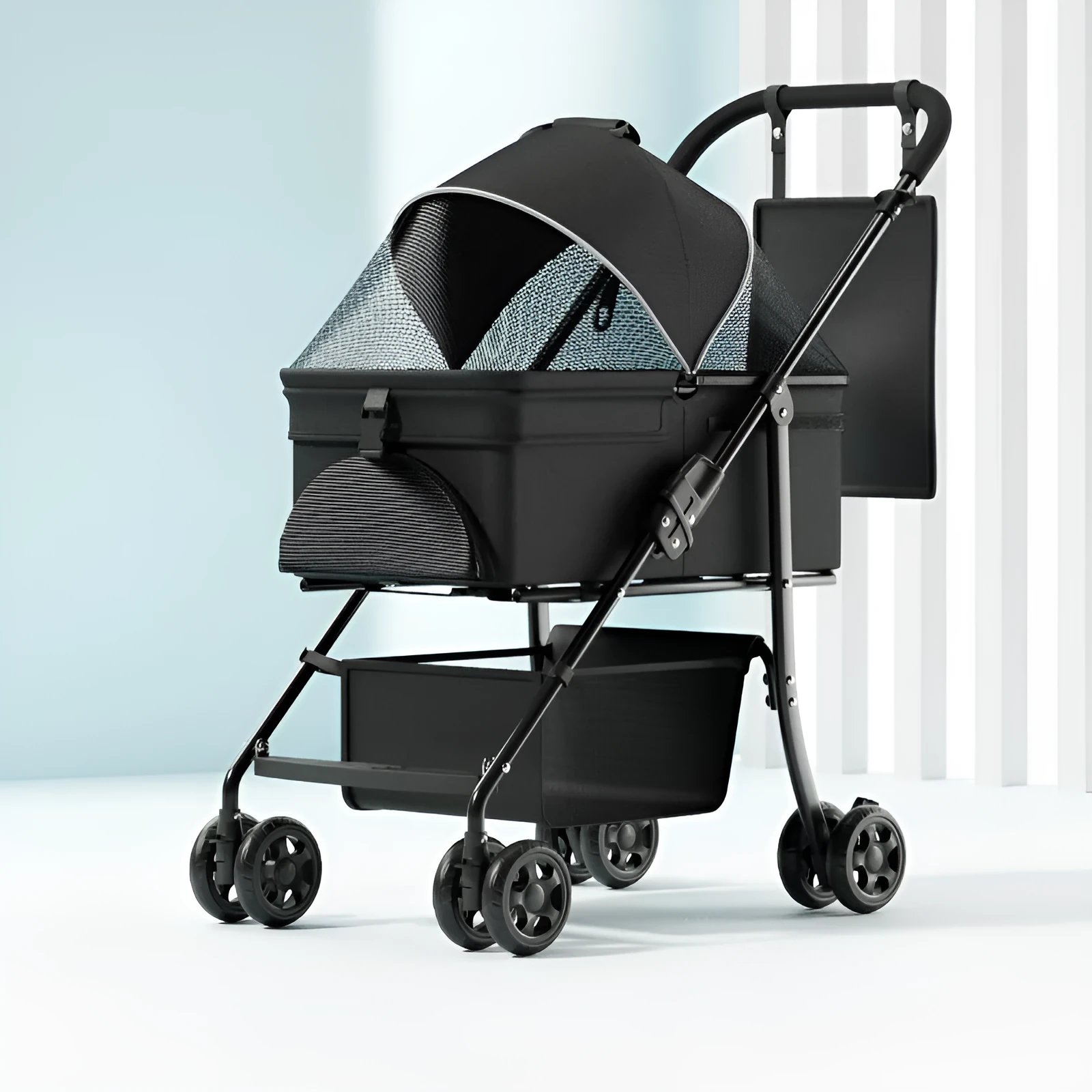 Black metal folding pet cart with removable design shown in folded and unfolded positions