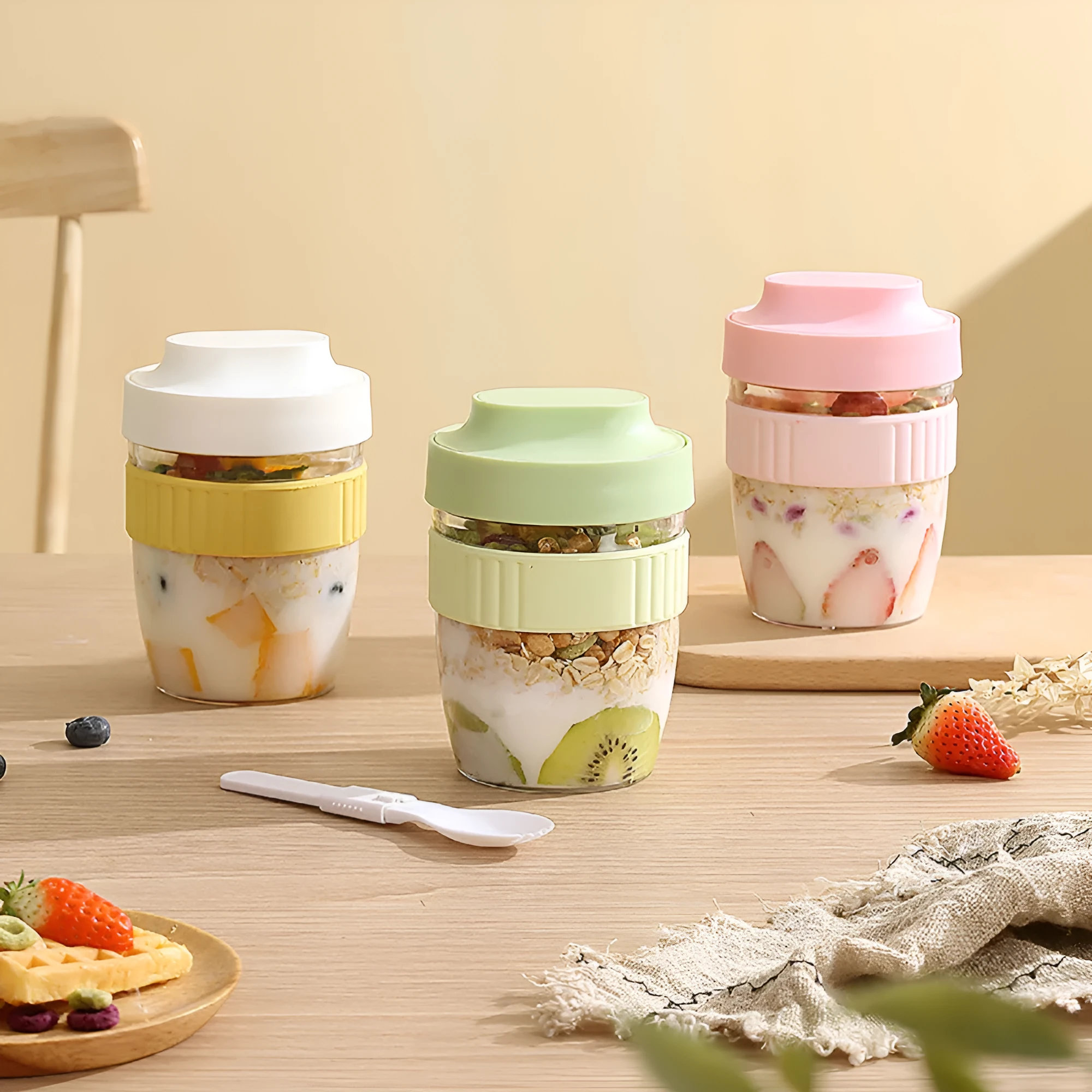 Green plastic salad cup with clear lid and integrated spoon showing 480ml capacity measurement