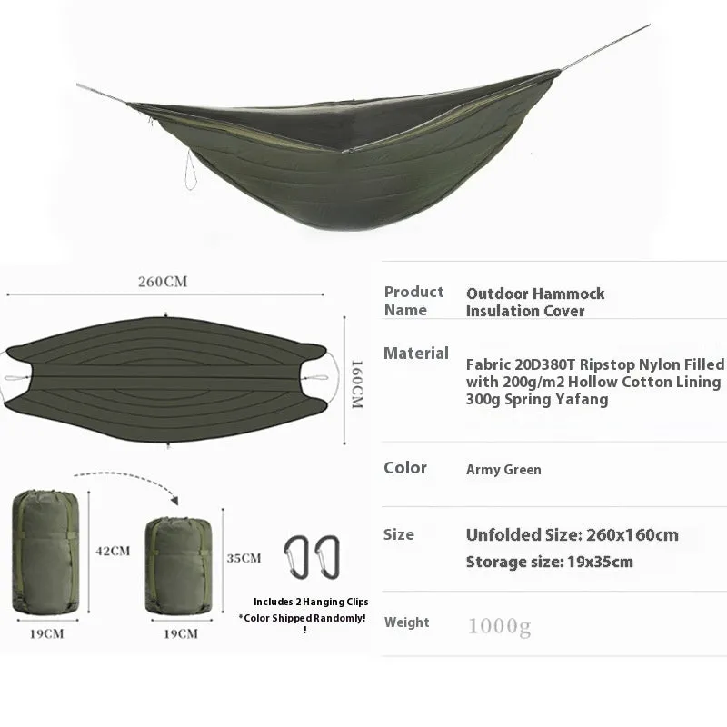 Army green thickened camping hammock sleeping bag with compression bag, shown in an outdoor setting.
