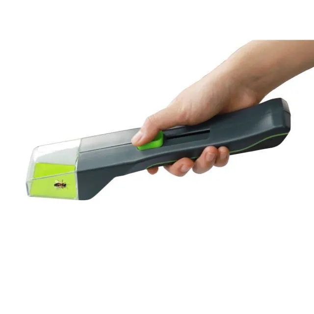 Green handheld plastic insect catcher with soft grip handle for garden pest control