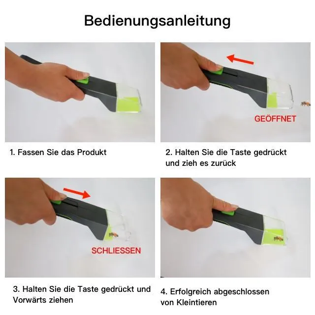 Green handheld plastic insect catcher with soft grip handle for garden pest control