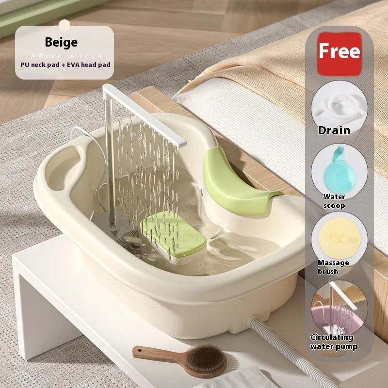 Light pink portable shampoo basin with head pillow for lying down hair washing