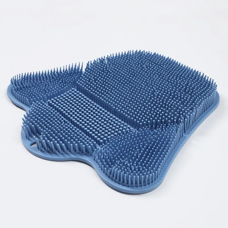 Blue silicone bath massage mat measuring 31x32cm with textured surface and suction cups for back rubbing