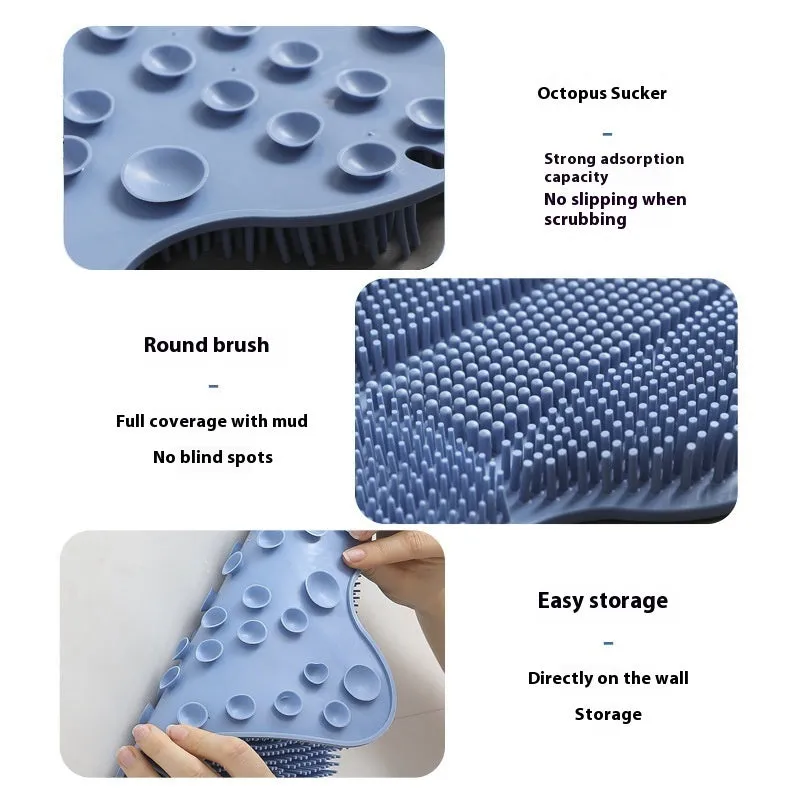 Blue silicone bath massage mat measuring 31x32cm with textured surface and suction cups for back rubbing
