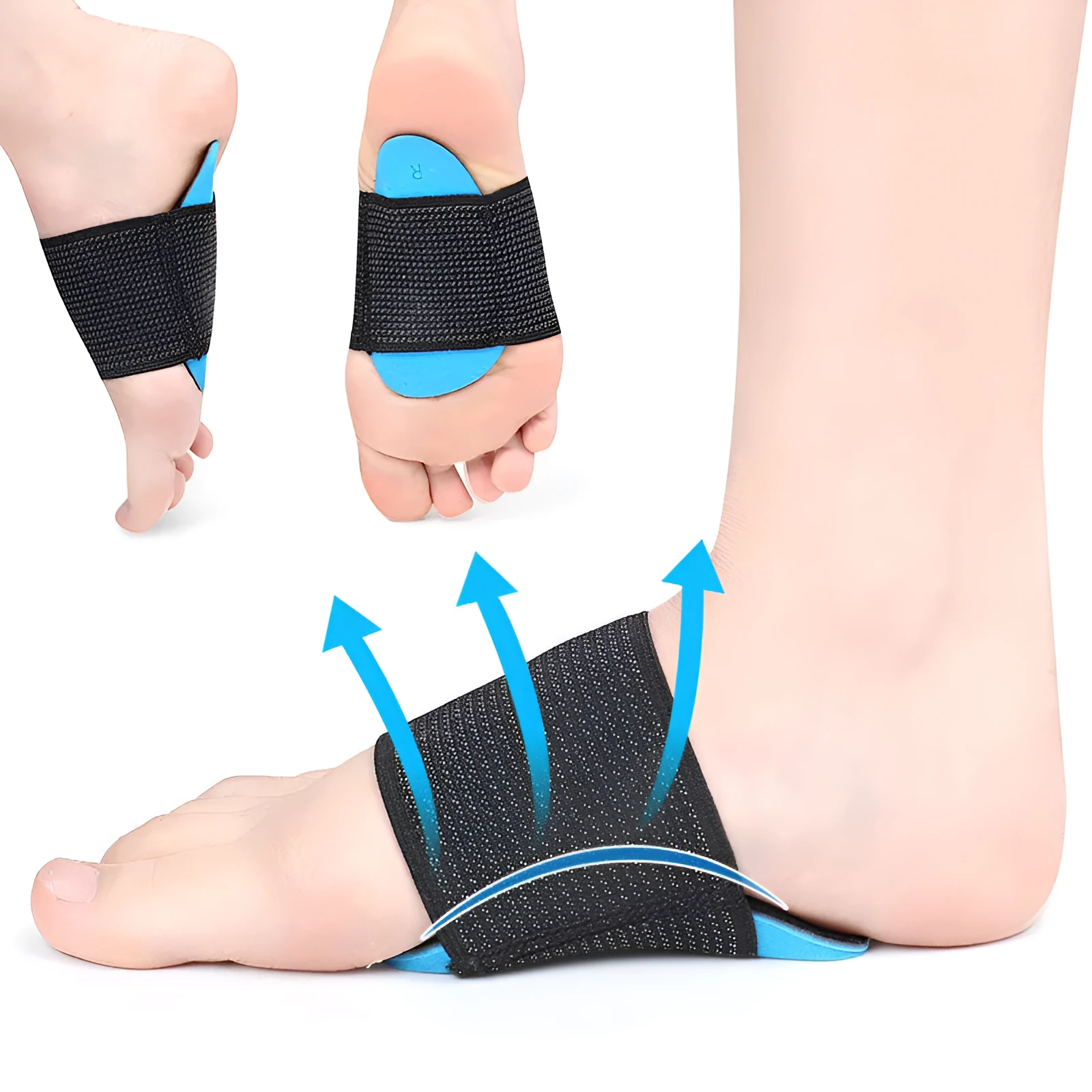 Blue elastic bandage foot pads with arch support for flat feet in adult and children sizes