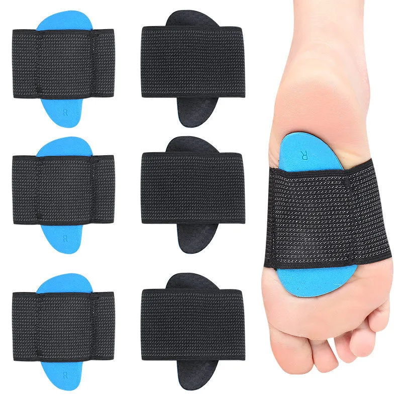 Blue elastic bandage foot pads with arch support for flat feet in adult and children sizes