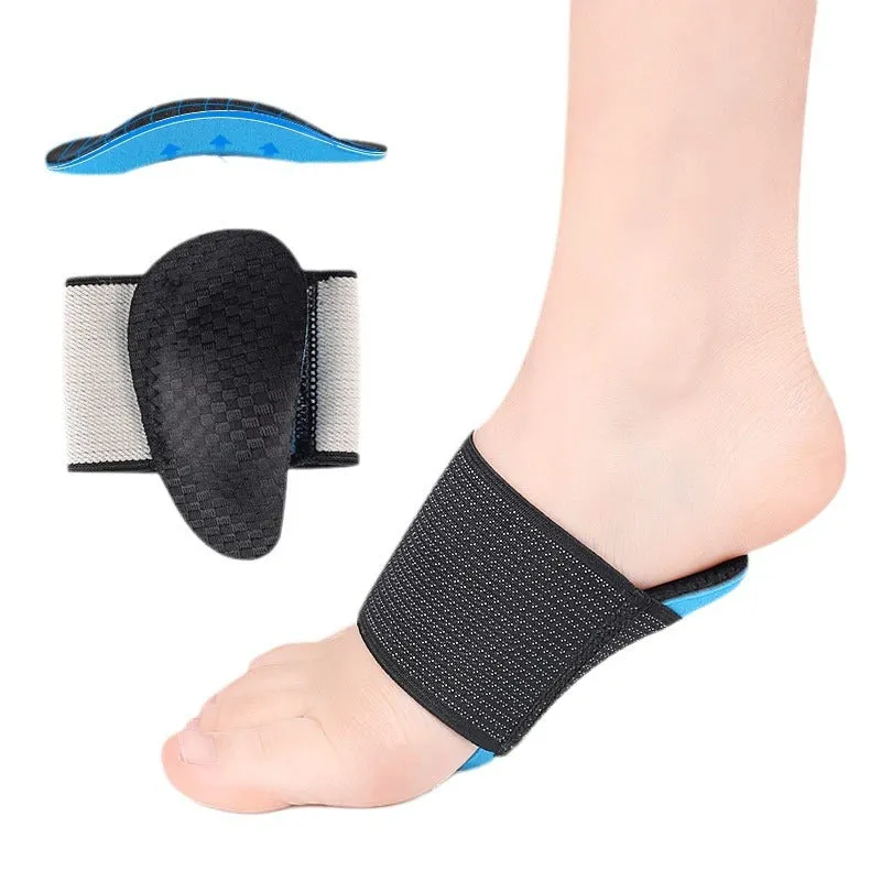 Blue elastic bandage foot pads with arch support for flat feet in adult and children sizes