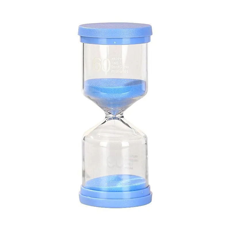 Handmade glass sand clock timer in blue colour showing sand flow for time intervals.