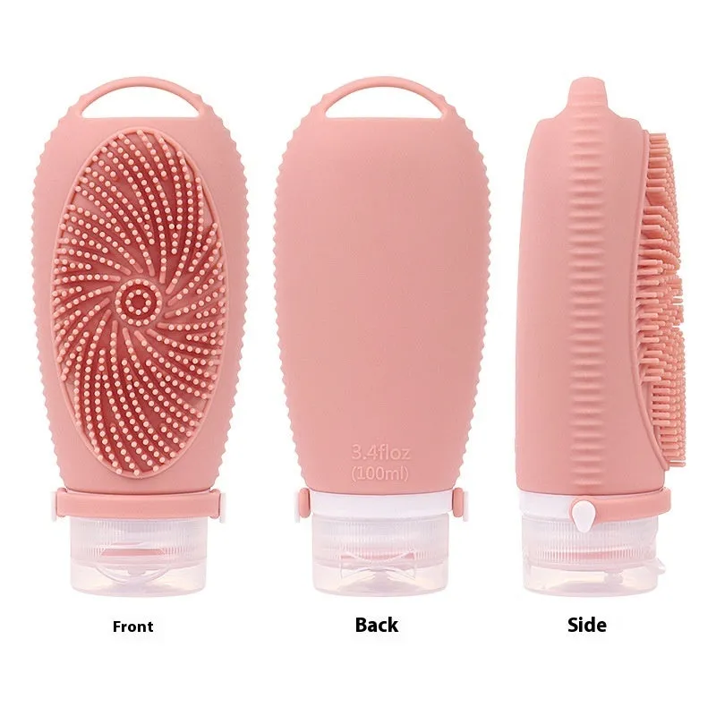 Silicone bath brush storage bottle in pink, flesh, orange, sea blue, grey blue, grey yellow, light green, and light grey colours.