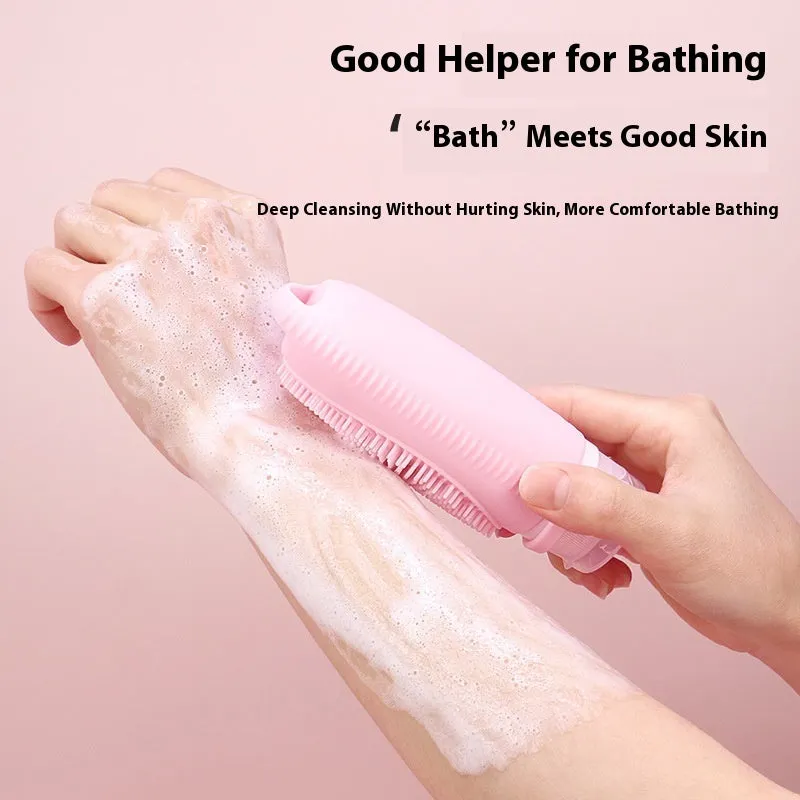 Silicone bath brush storage bottle in pink, flesh, orange, sea blue, grey blue, grey yellow, light green, and light grey colours.