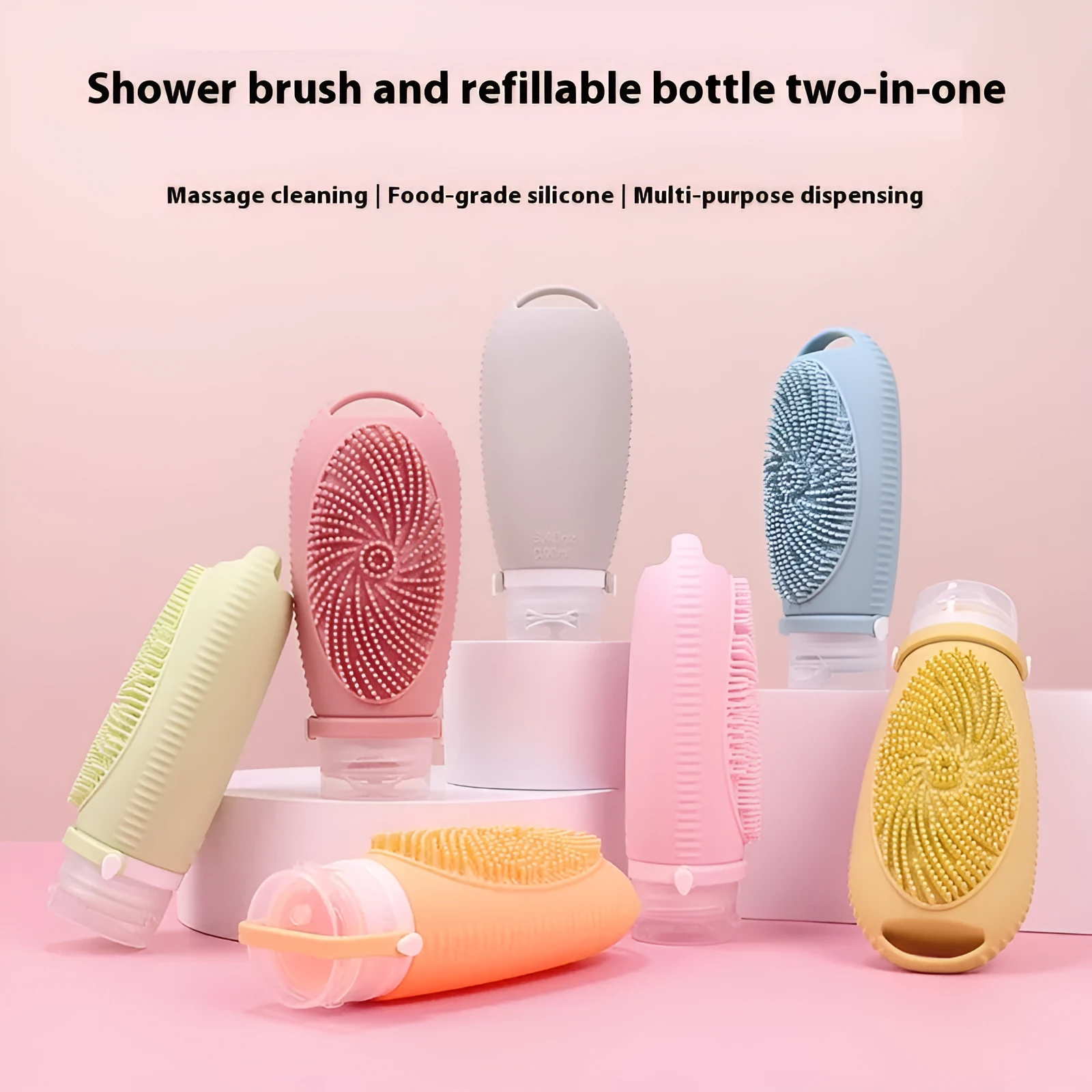 Silicone bath brush storage bottle in pink, flesh, orange, sea blue, grey blue, grey yellow, light green, and light grey colours.