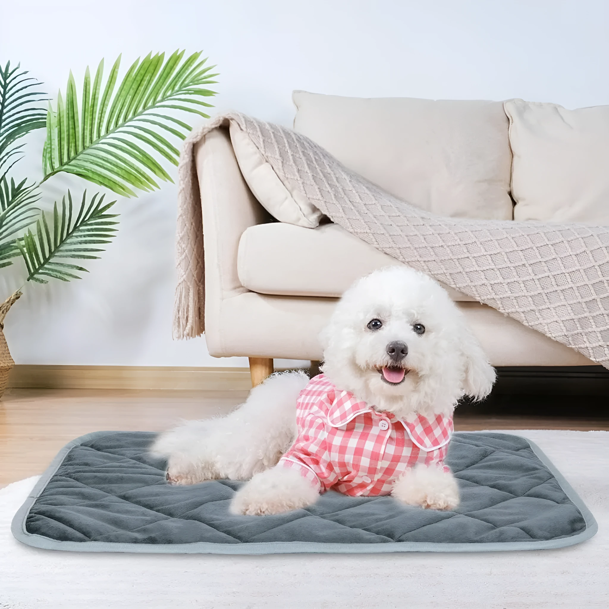 Grey cloth personalised pet cushion shown in four different size options for dogs and cats.
