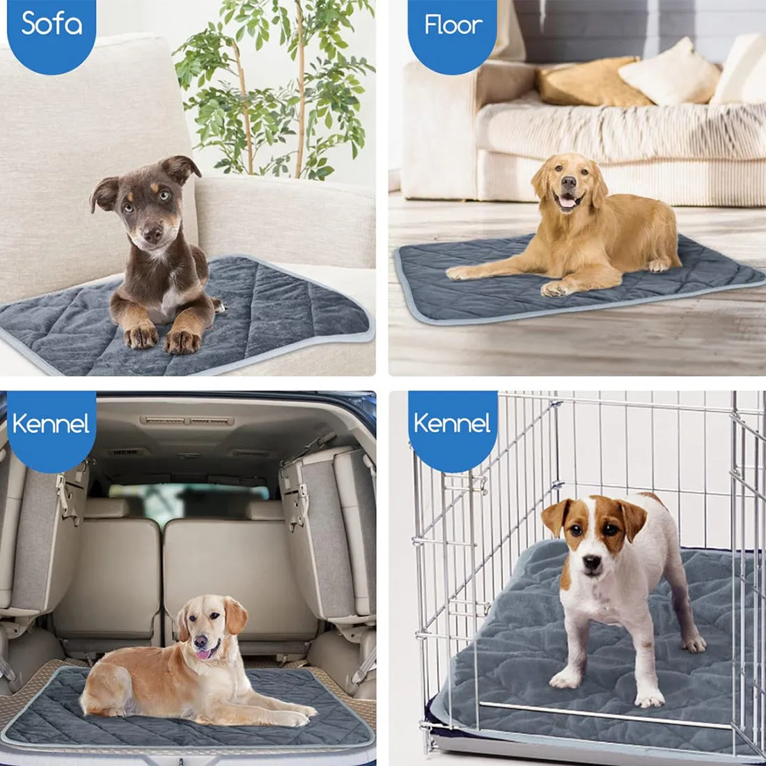 Grey cloth personalised pet cushion shown in four different size options for dogs and cats.