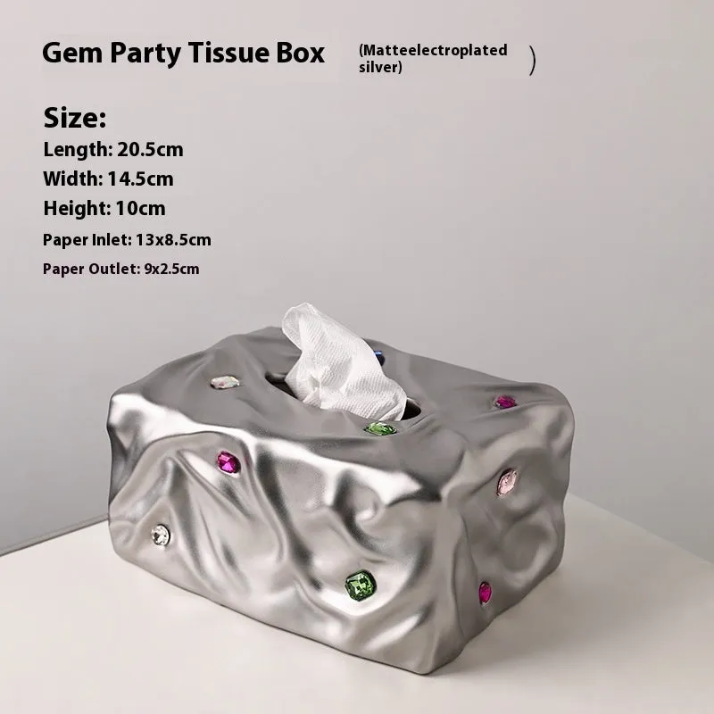 Ceramic tissue box holder in light luxury gem party style, shown in matte coconut milk white and silver electroplated finishes.
