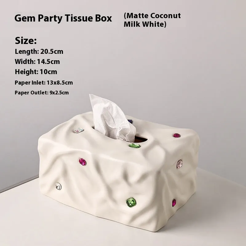 Ceramic tissue box holder in light luxury gem party style, shown in matte coconut milk white and silver electroplated finishes.