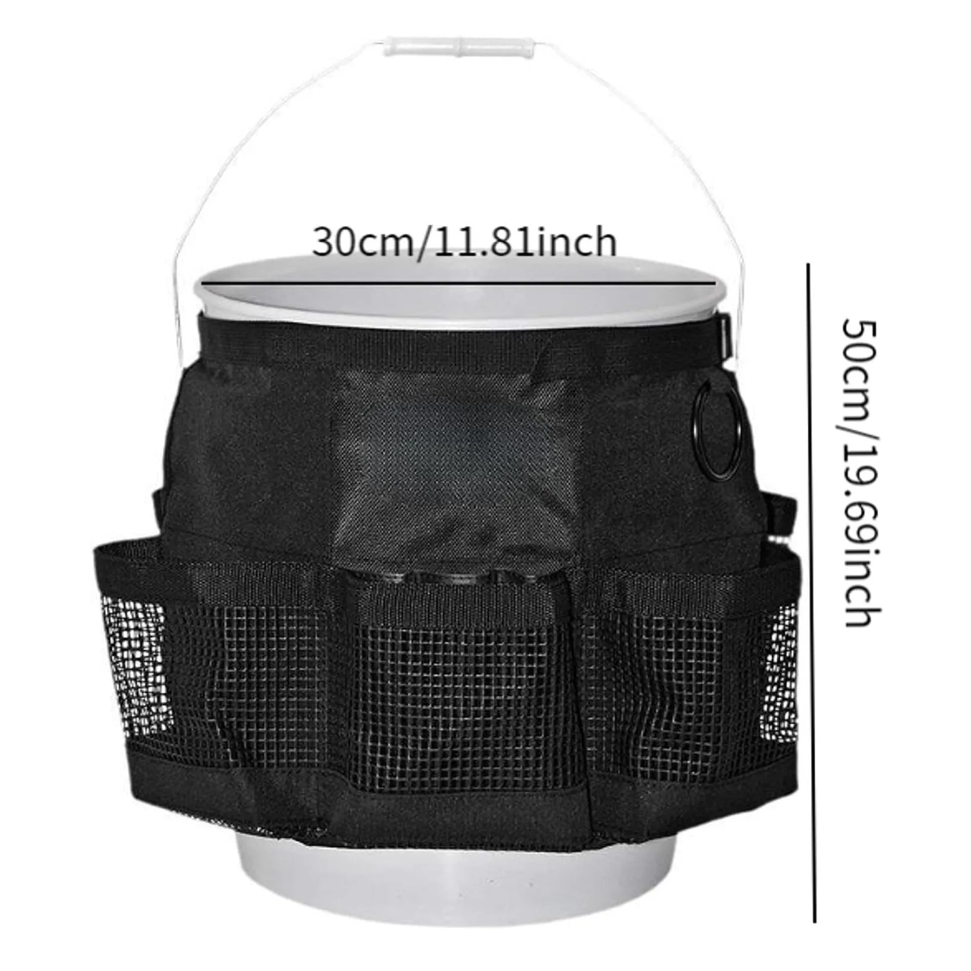 Black cylindrical polyester buggy storage bag hanging from a 5-gallon barrel.
