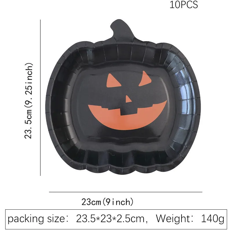 Black Halloween disposable paper plates with pumpkin designs, 9-inch diameter