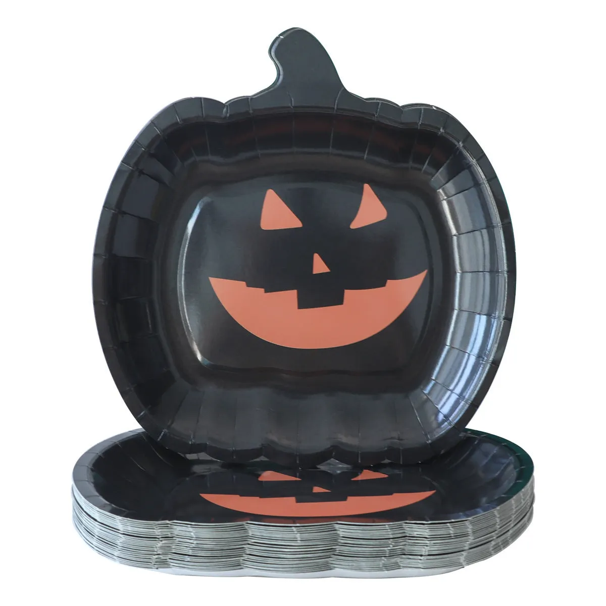 Black Halloween disposable paper plates with pumpkin designs, 9-inch diameter