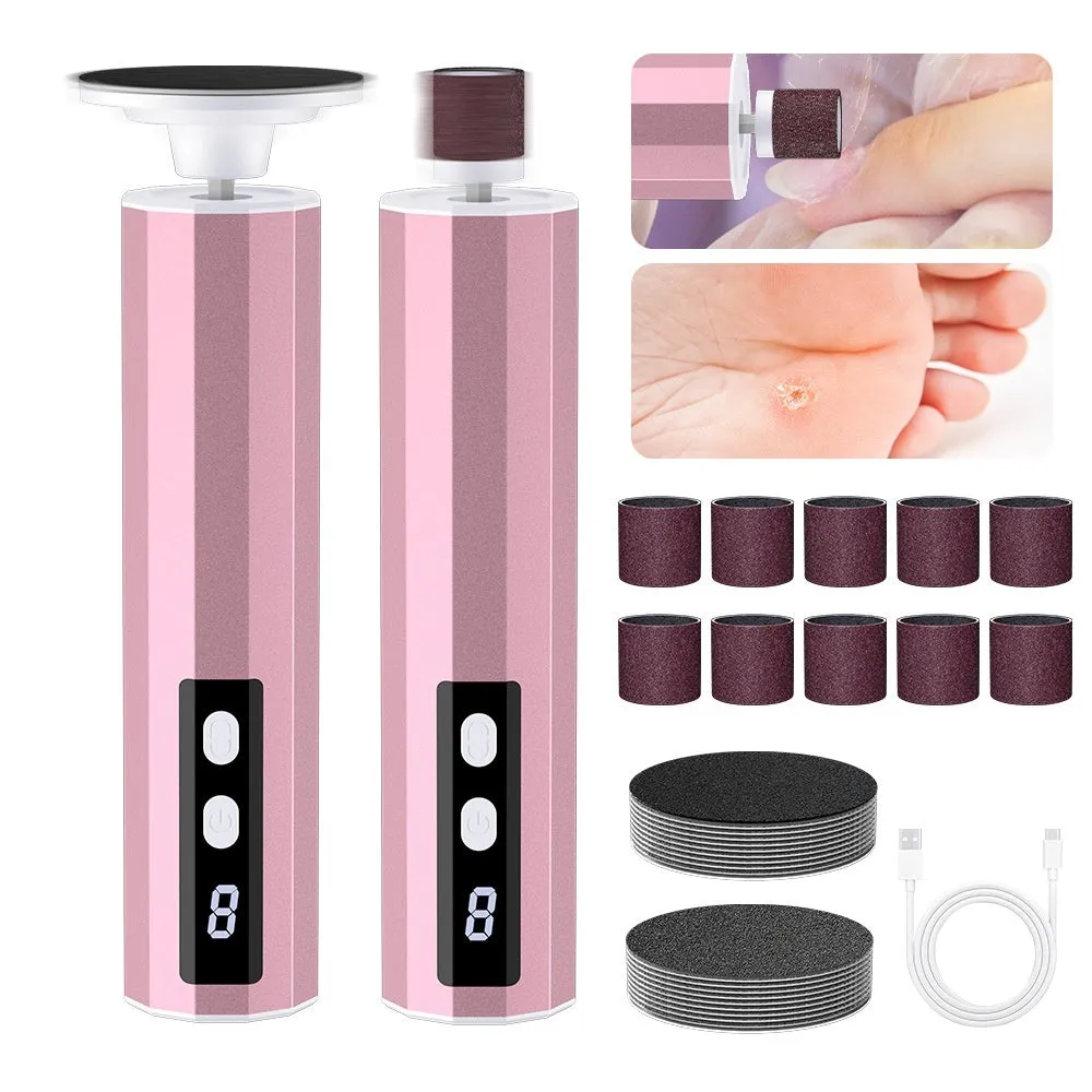 Pink USB-powered callus trimmer and manicure equipment with sandpaper grinding wheels on a white background.