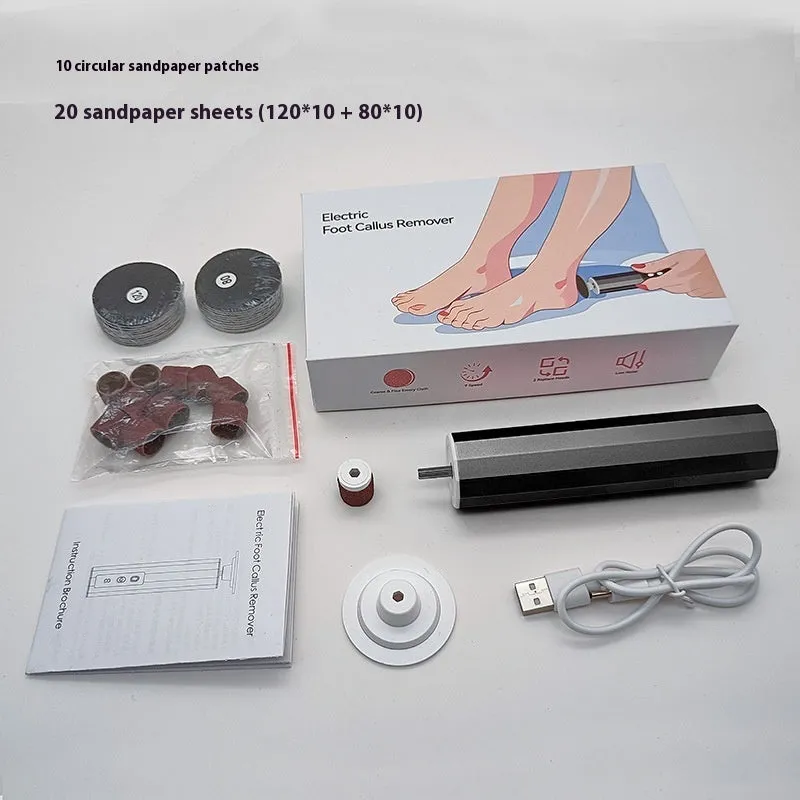 Pink USB-powered callus trimmer and manicure equipment with sandpaper grinding wheels on a white background.