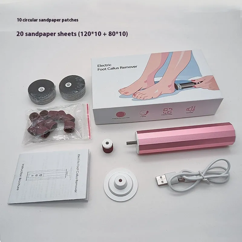 Pink USB-powered callus trimmer and manicure equipment with sandpaper grinding wheels on a white background.