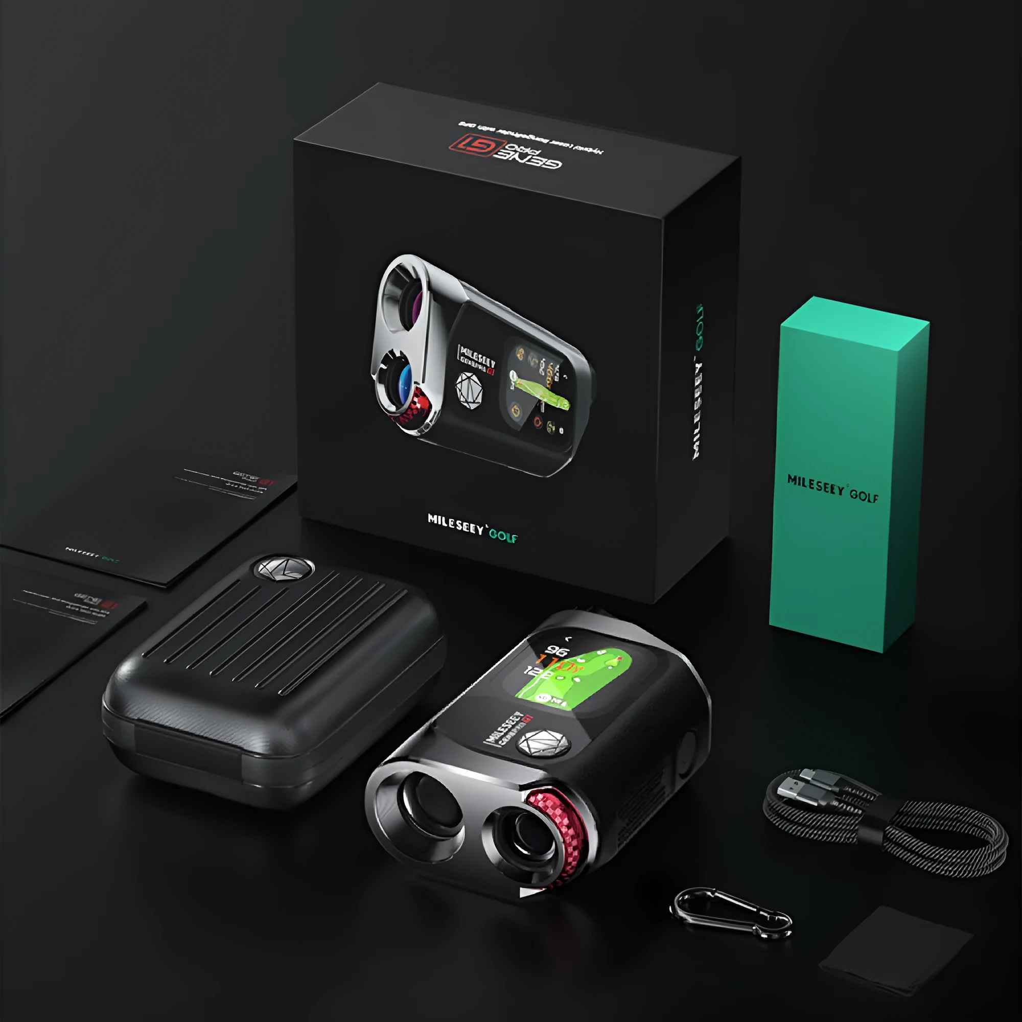 Black GenePro G1 GPS rangefinder handheld device with display screen, shown with USB-C cable and storage case.