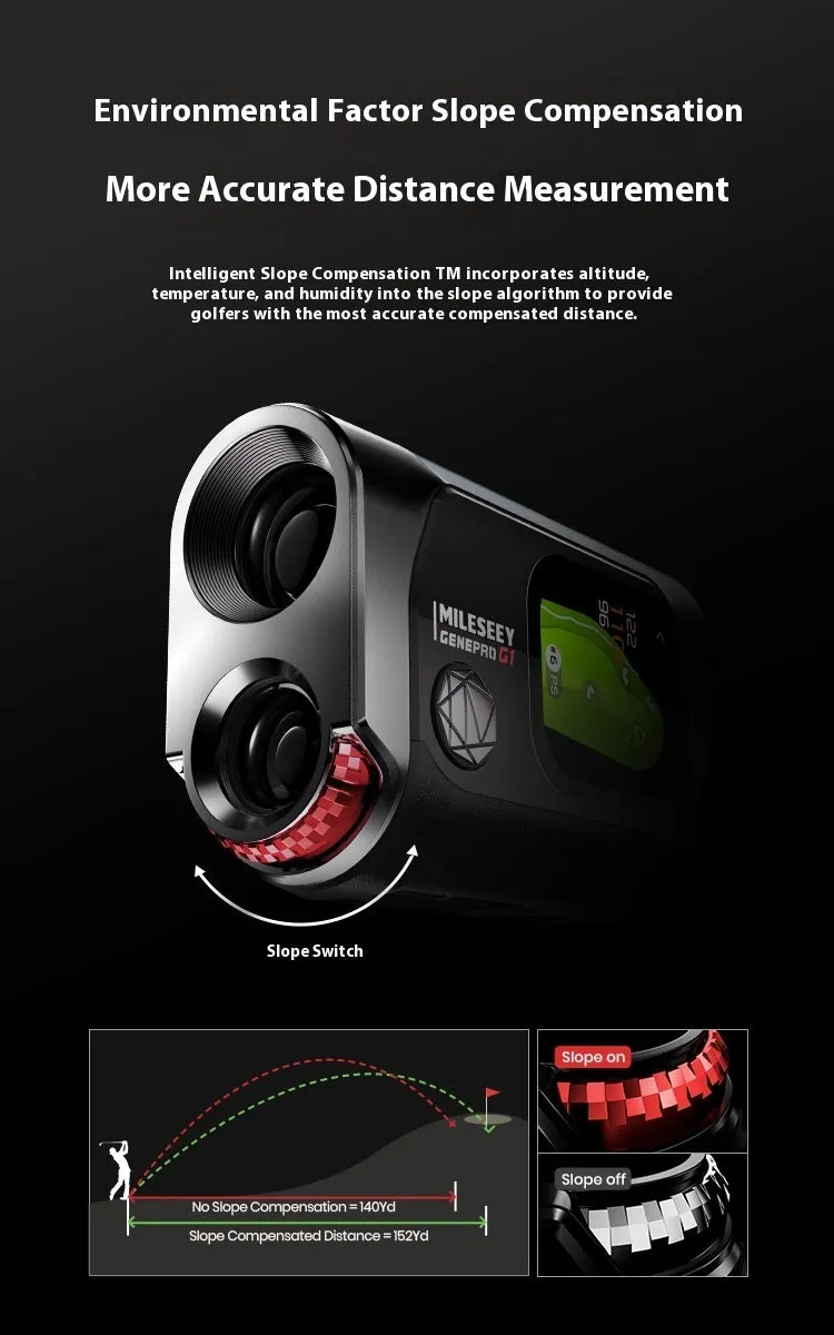 Black GenePro G1 GPS rangefinder handheld device with display screen, shown with USB-C cable and storage case.