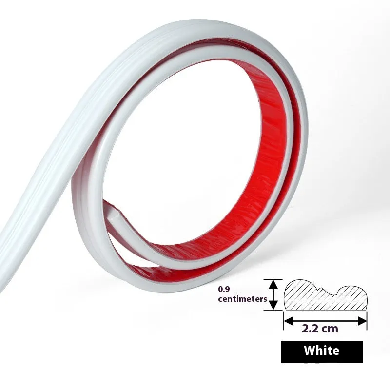 Flexible white PVC self-adhesive edge banding strip for wall shaping and backdrop borders.