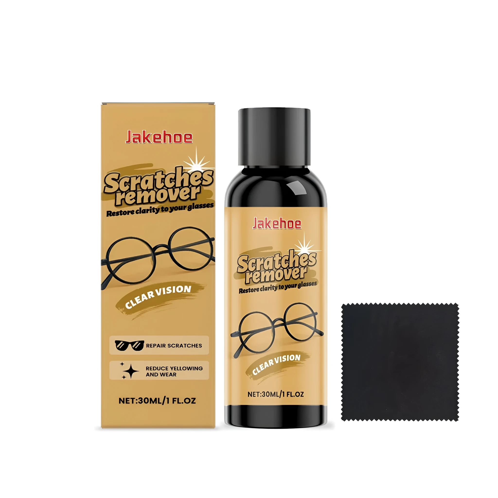 30ml bottle of glasses scratch remover liquid and a microfibre cleaning cloth on a white background.