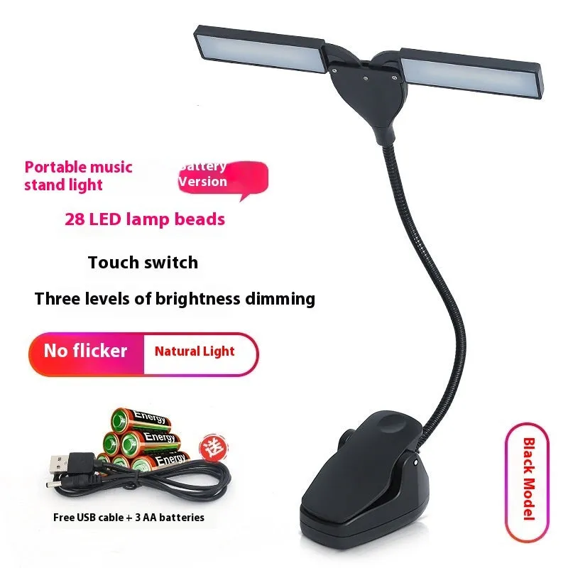 Black rechargeable music stand light with 28 LEDs on a metal music stand.