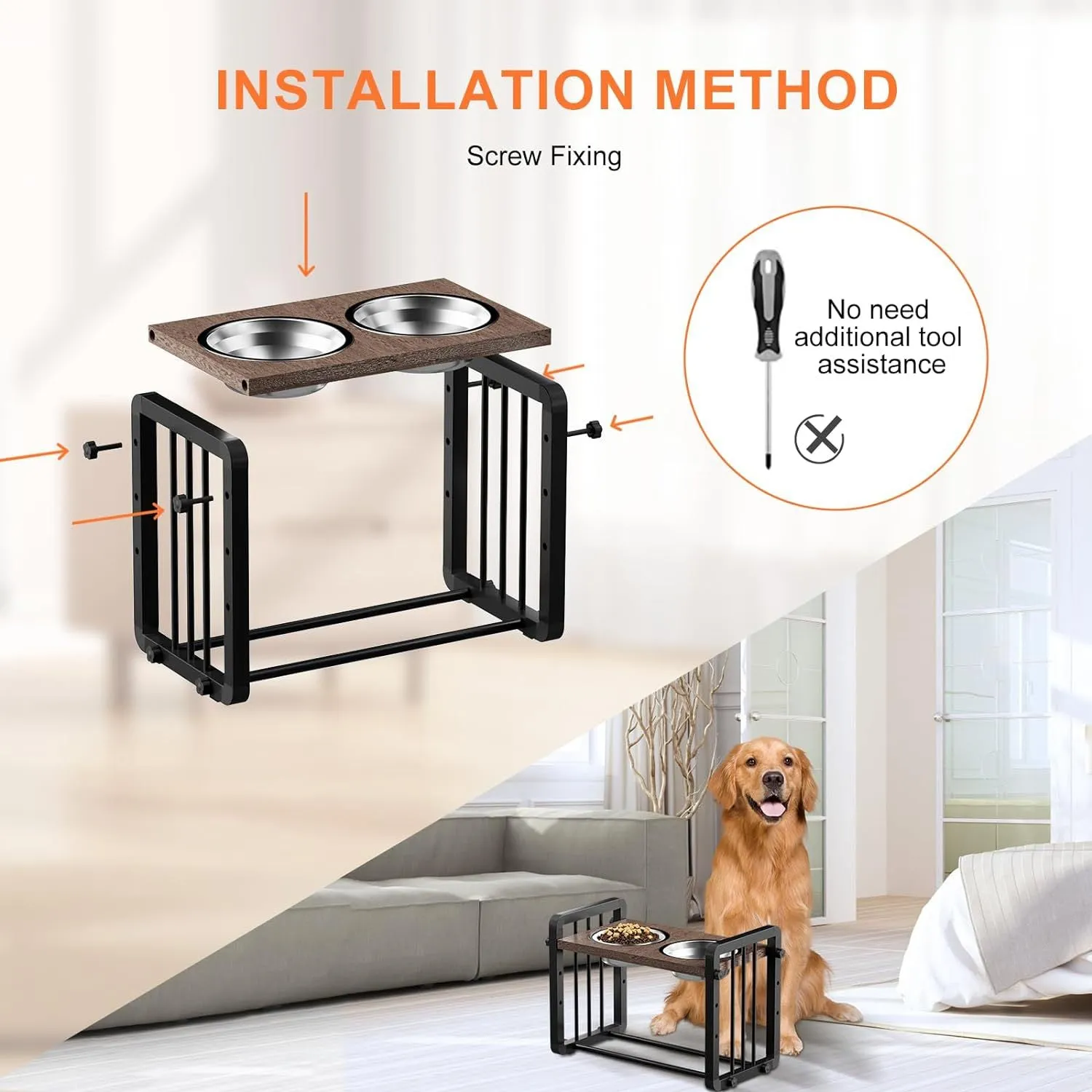 Black wooden dog bowl bracket on a floor holding food and water bowls