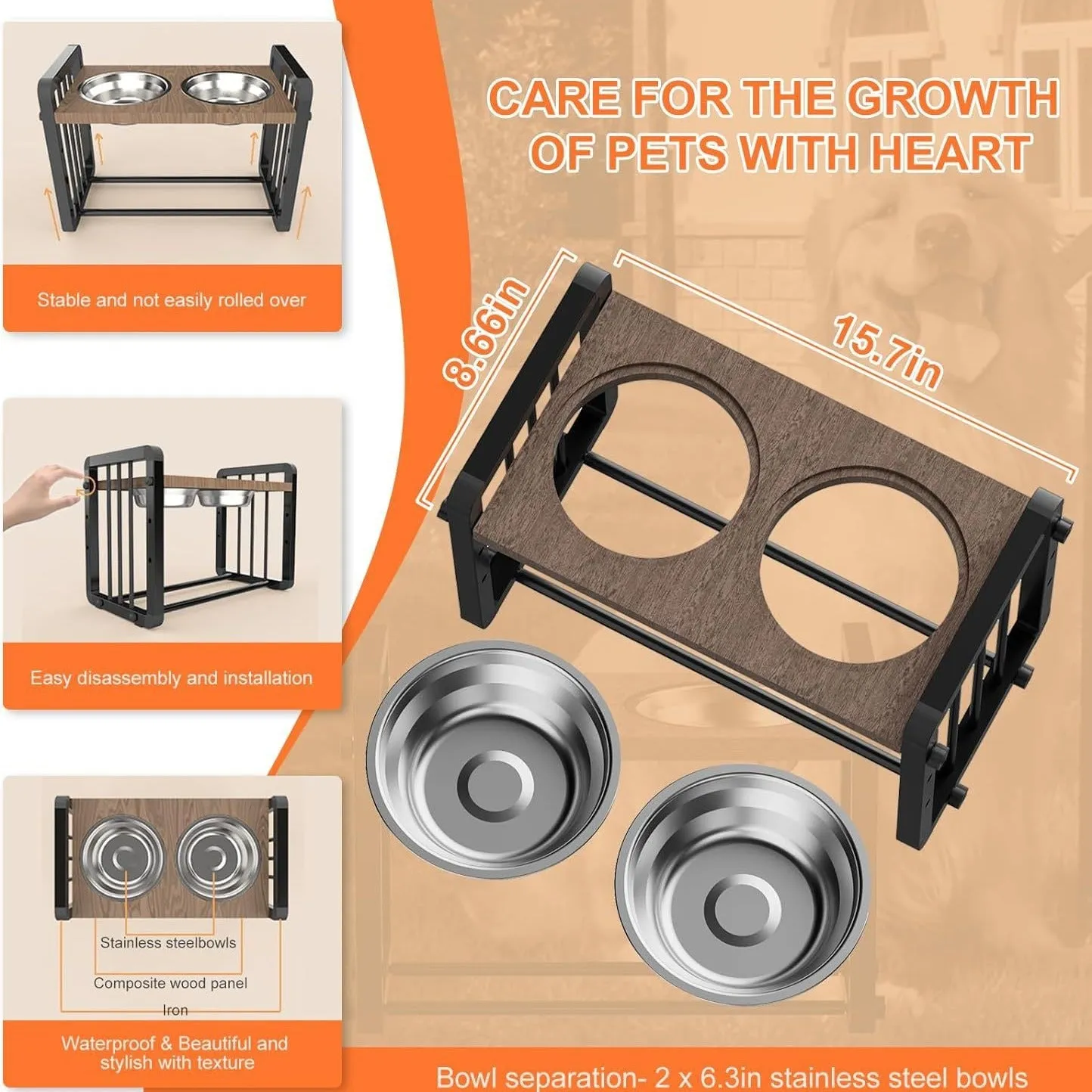 Black wooden dog bowl bracket on a floor holding food and water bowls