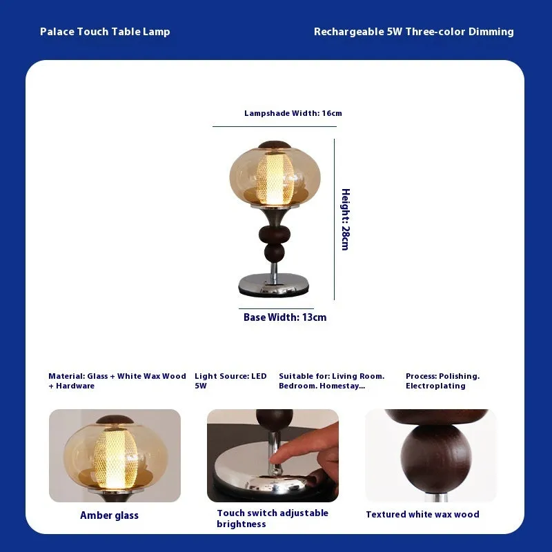 Solid wood retro palace table lamp with touch dimming controls and USB power connection