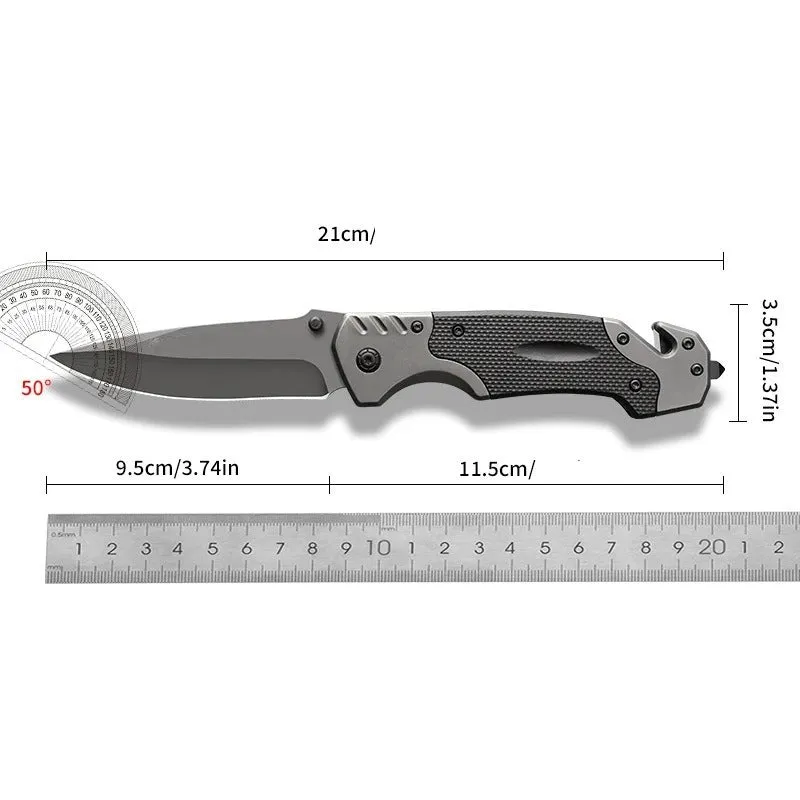 Alloy folding pocket knife with a choice of smooth or textured blade, shown open with a 115mm handle.