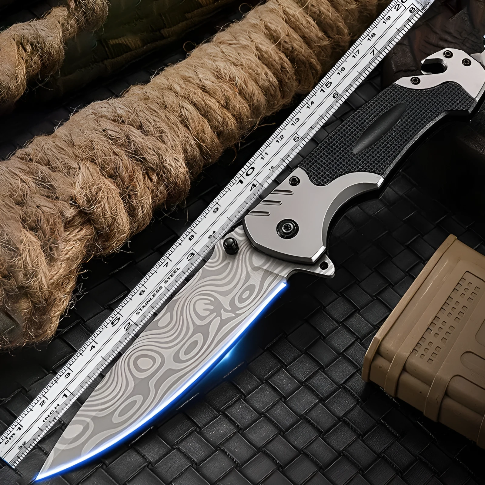 Alloy folding pocket knife with a choice of smooth or textured blade, shown open with a 115mm handle.