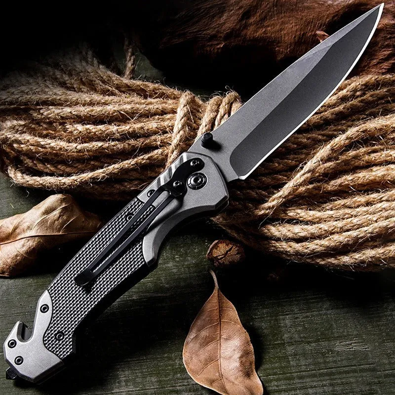 Alloy folding pocket knife with a choice of smooth or textured blade, shown open with a 115mm handle.