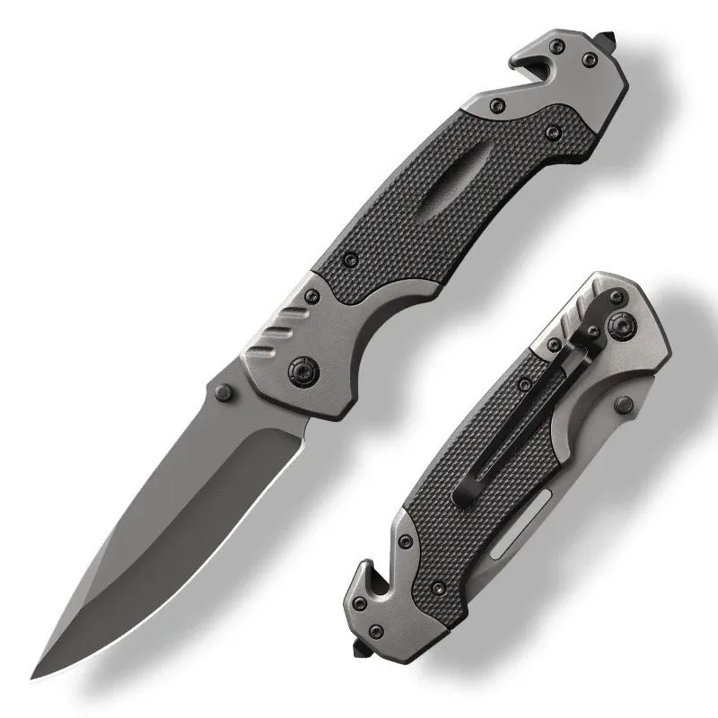 Alloy folding pocket knife with a choice of smooth or textured blade, shown open with a 115mm handle.
