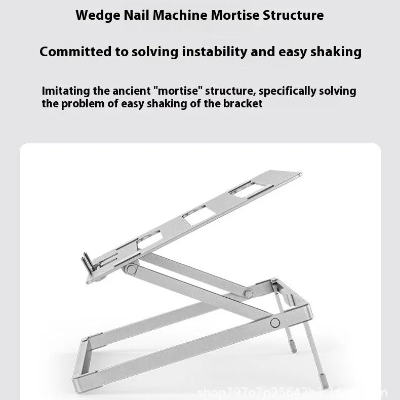 Aluminium alloy folding notebook cooling rack showing laptop elevation and compact folded position