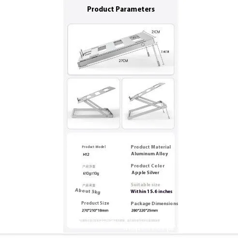Aluminium alloy folding notebook cooling rack showing laptop elevation and compact folded position