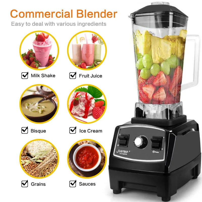 Black or red high-speed 2200W blender with 2L jug for juicing, ice crushing, and food preparation.