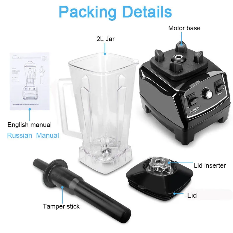 Black or red high-speed 2200W blender with 2L jug for juicing, ice crushing, and food preparation.