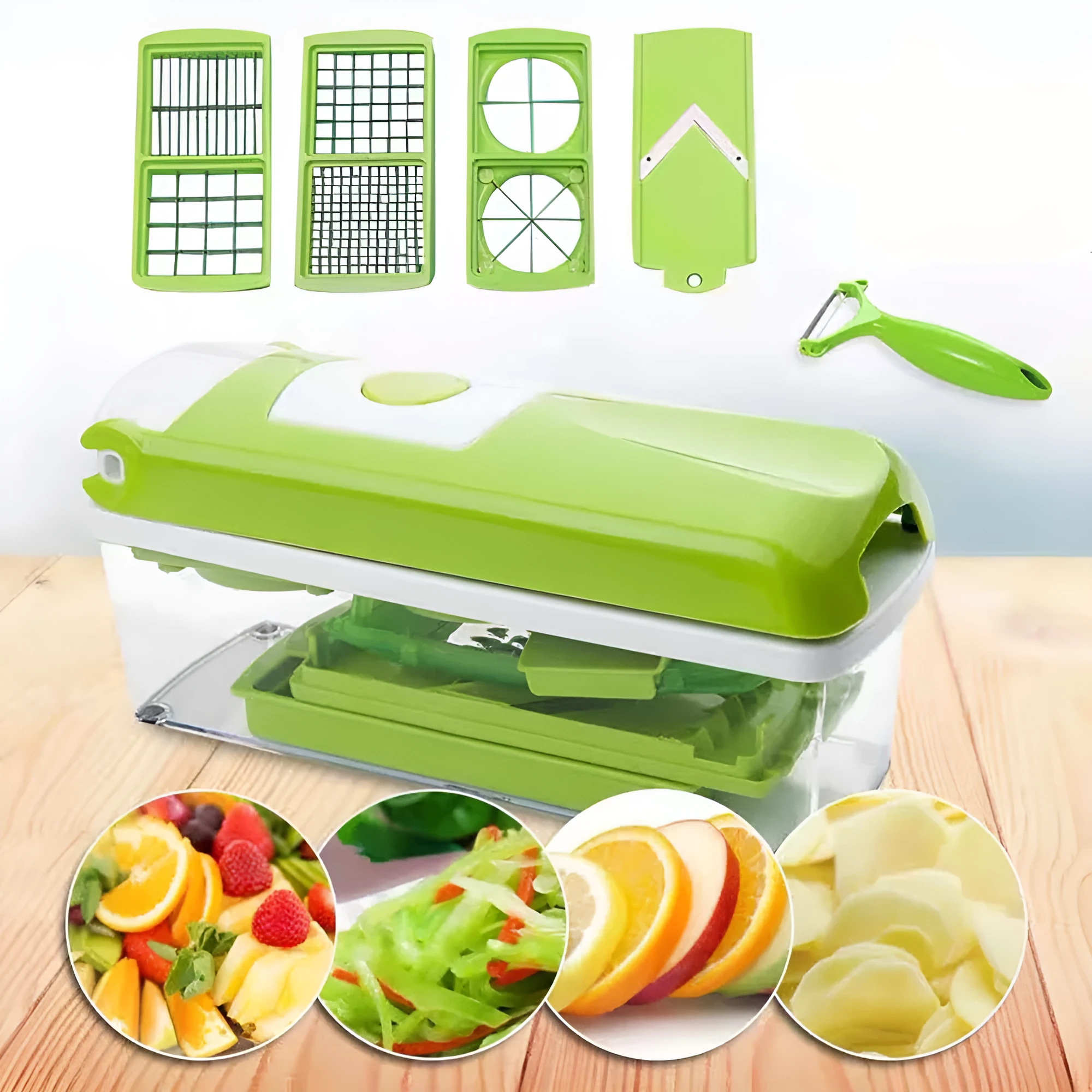 Green handheld manual food chopper with stainless steel blades on a white background.