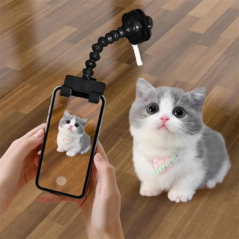Black pet photography tool with treat clip and phone holder for dog and cat photography