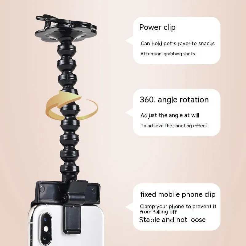 Black pet photography tool with treat clip and phone holder for dog and cat photography