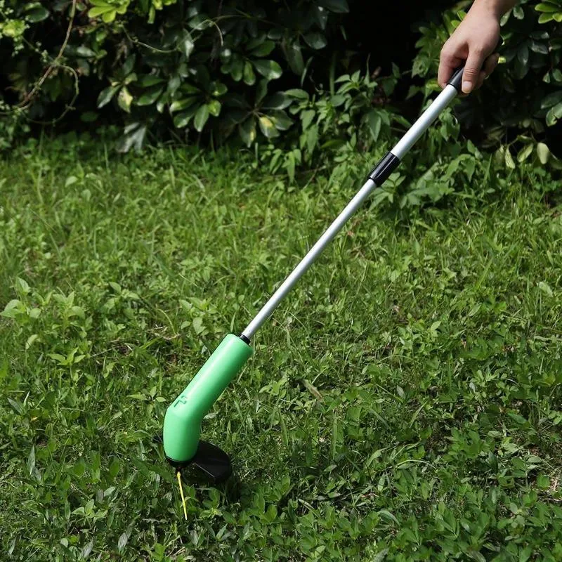 Cordless lawn trimmer tool with extension pole and protective debris shield for garden maintenance