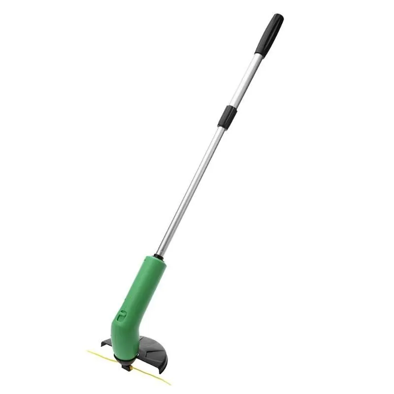 Cordless lawn trimmer tool with extension pole and protective debris shield for garden maintenance